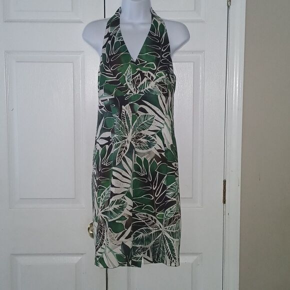 Jones New York stretch brown green floral print halter dress Sz 10P  NWOT - Picture 1 of 5